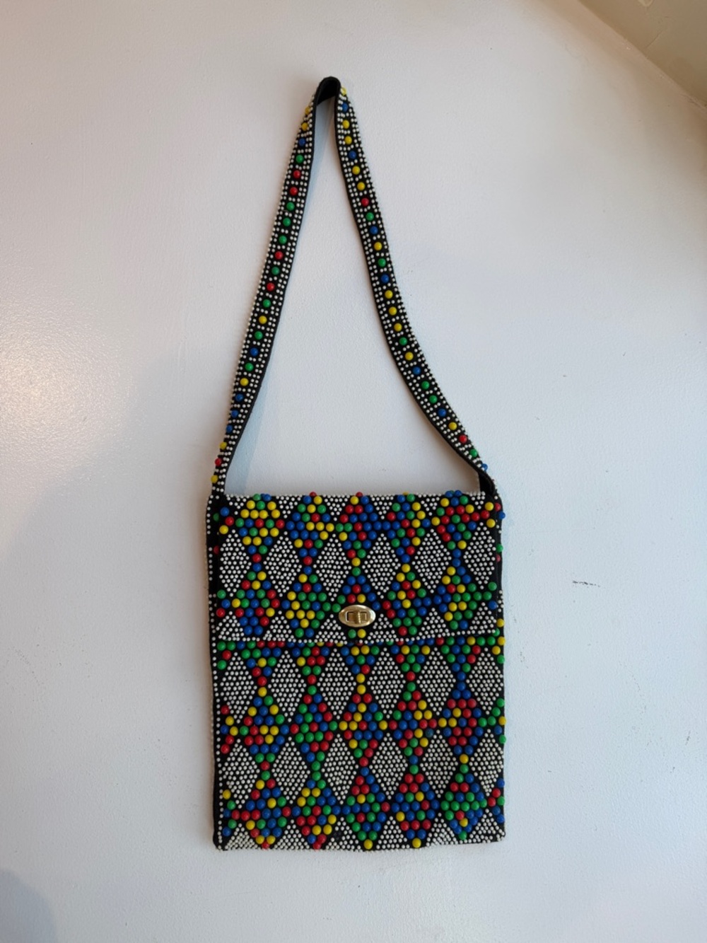 Vintage Beaded Multicolor Diamond-Pattern Crossbody Bag